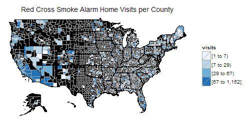 The choropleth map of Red Cross Smoke Alarm Home Visits per county in 10 months