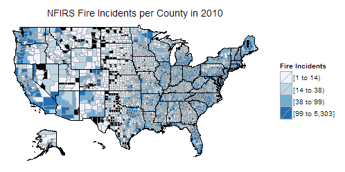 The Fire Incidents reported by NFIRS per county in 2010