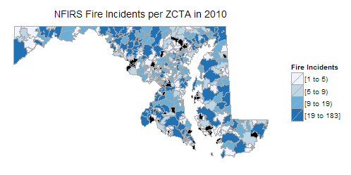 The Fire Incidents reported by NFIRS per ZCTA of Maryland in 2010